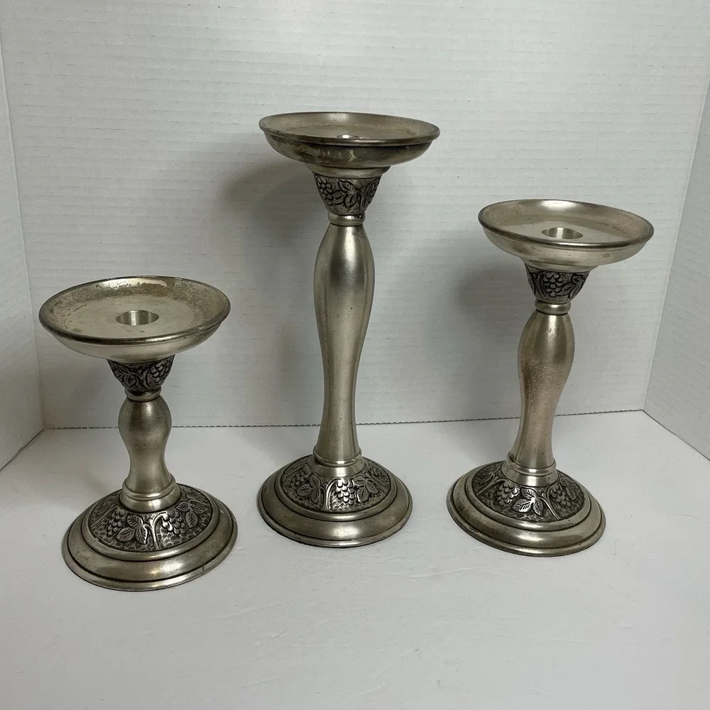 Pottery Barn Candlestick Three Primitive Farmhouse English Cottage Silver tone